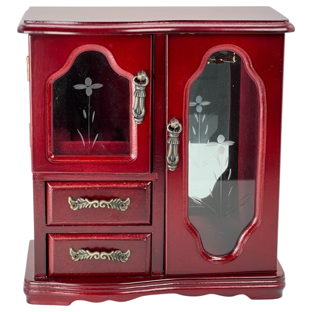 Upright Jewelry Chest Cabinet Box For Necklaces Rings Mahogany Finish Glass NIB